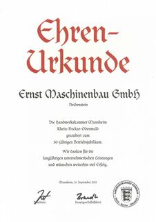 Ehren-Urkunde 50 Jahre Ernst Maschinenbau GmbH